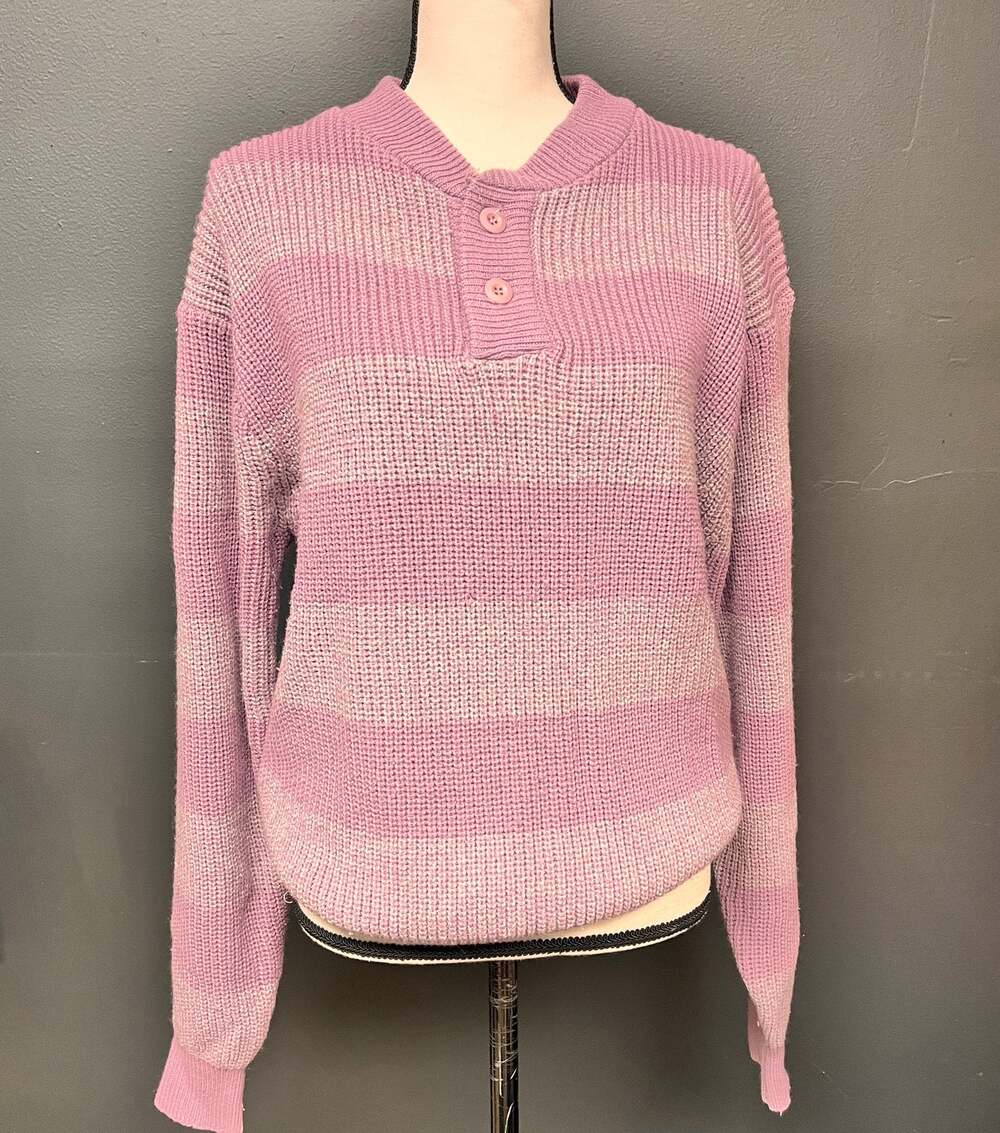 vintage women's knit sweater pastel stripe henley button collar purple white med